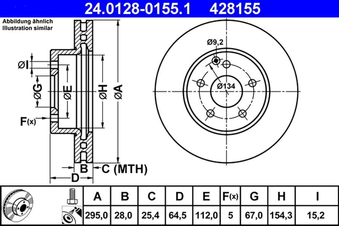 ATE Original Bremsscheibe - 1 Bremsscheibe - 24.0128-0155.1 - ECE-R90 Strassenzulassung