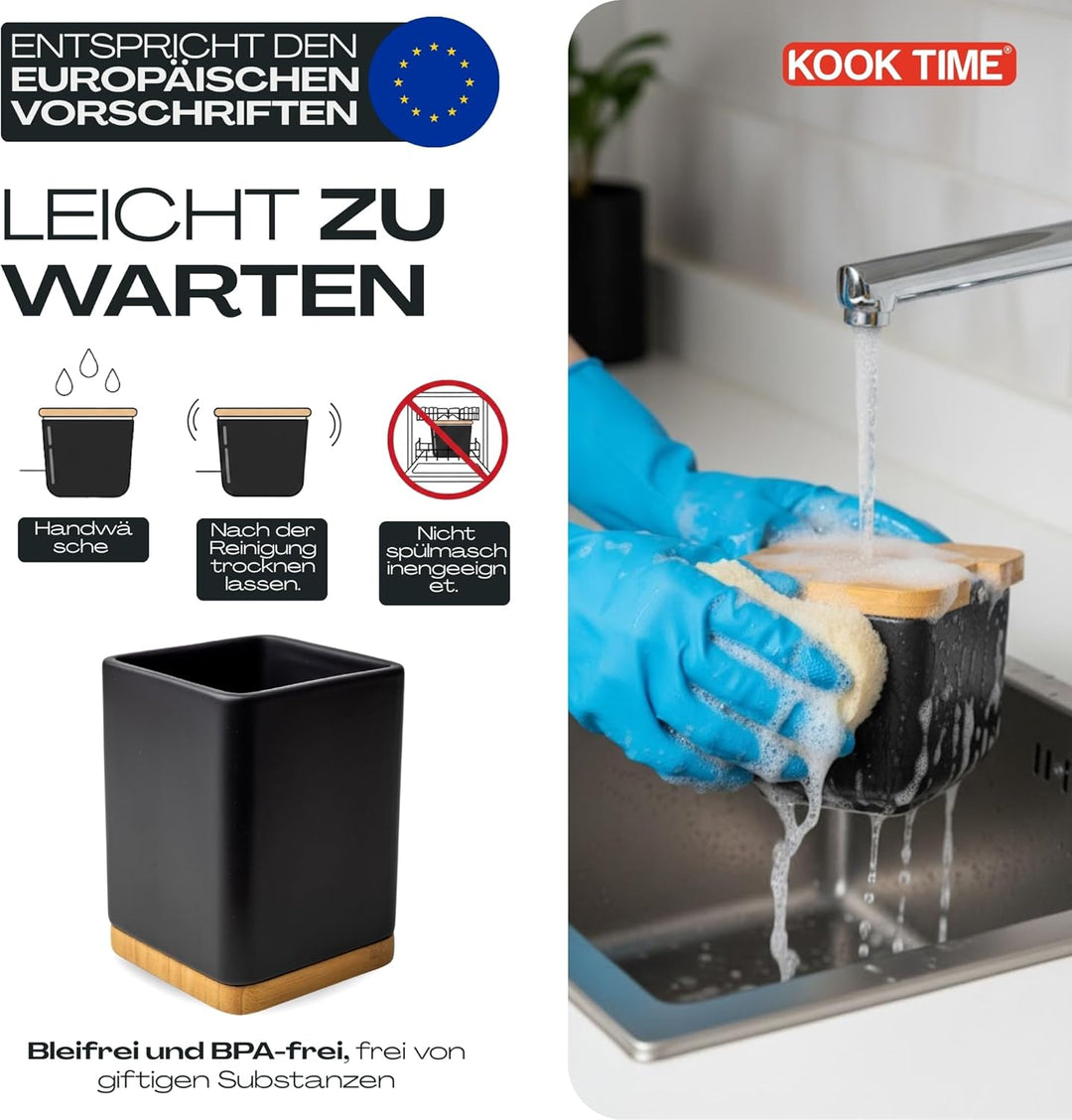 KOOK TIME Küchenutensilienhalter - Utensilienhalter küche aus keramik und Bambus - Quadratischer küc
