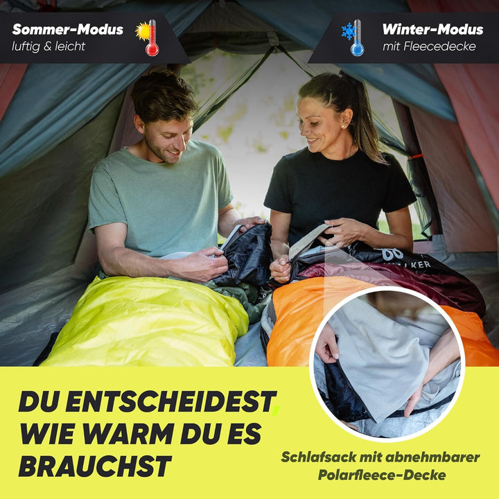 SKINWALKER Schlafsack 3-4 Jahreszeiten mit [abnehmbaren Innenfleece] [Kleines Packmass & Ultraleicht