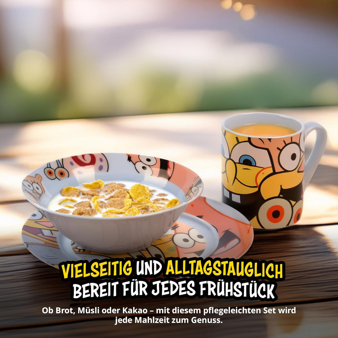 United Labels Spongebob Schwammkopf Frühstücksset Kinder, mit Spongebob, Geschirr Set Porzellan, 3-t