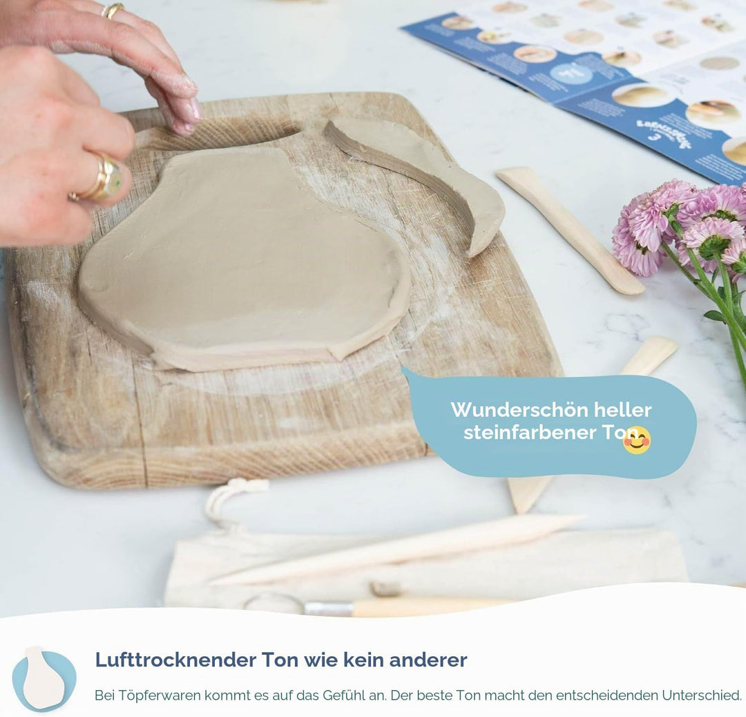 Sculpd Töpferei-Set, lufttrocknender Ton, Starter-Set für Anfänger mit Glanzlack, Töpferset beinhalt