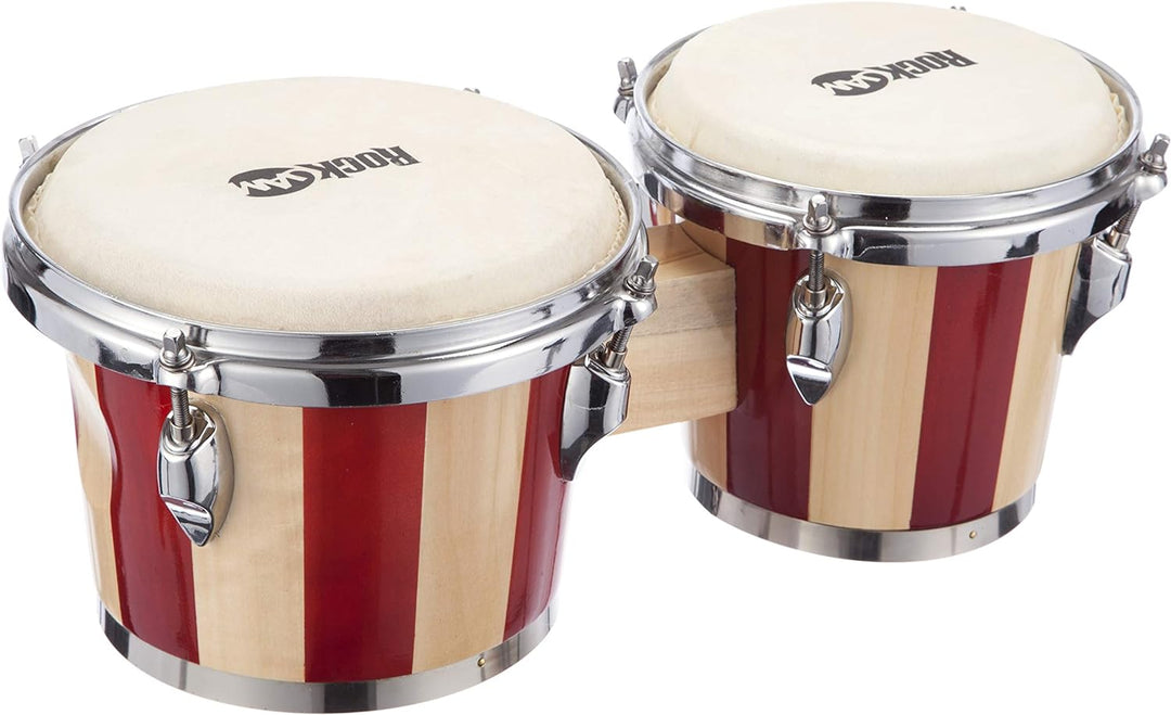 RockJam RJ-100301 7" and 8" Bongo Set with Padded Bag and Tuning Wrench Red and Natural Stripe Red S