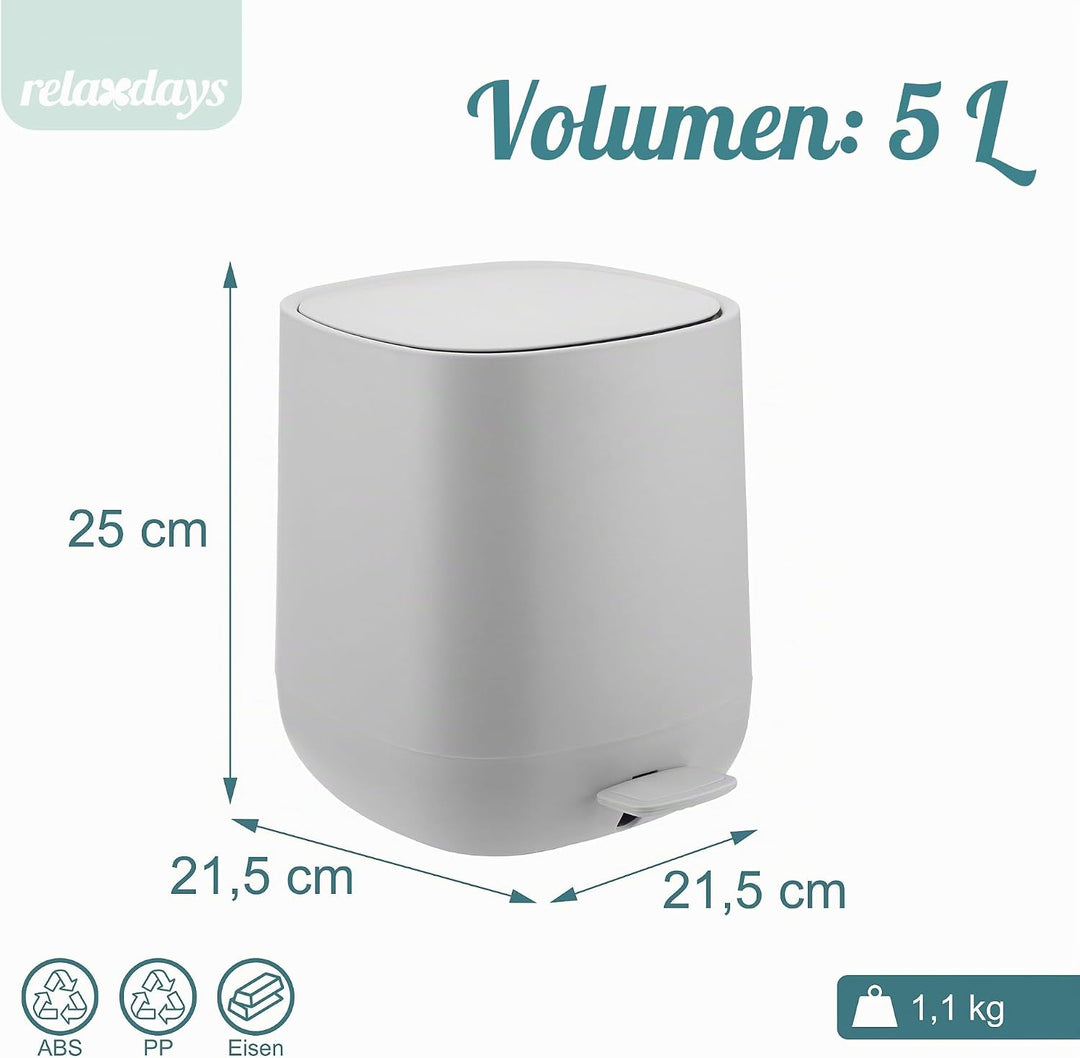 Relaxdays Mülleimer Bad, 5 l, Kosmetikeimer mit Soft-Close, Matte Optik, entnehmbarer Inneneimer, Tr