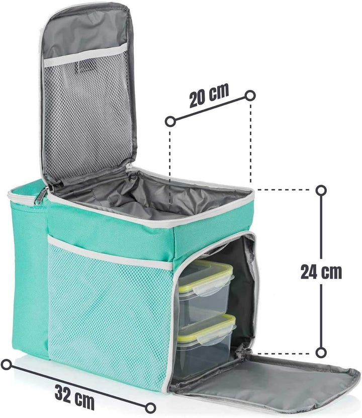 Dimono® Kühltasche 15L mit 3 Brotzeitdosen; Picknick-Tasche mit 3 Meal Prep Launchbox Dosen + Deckel