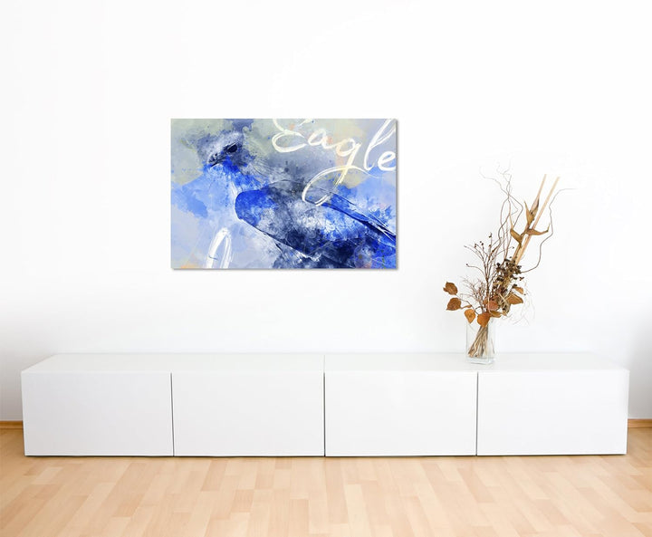 Paul Sinus Art Bild Leinwand 80x60cm Anmutiger Adler in Blautönen mit Kalligraphie, 80x60cm