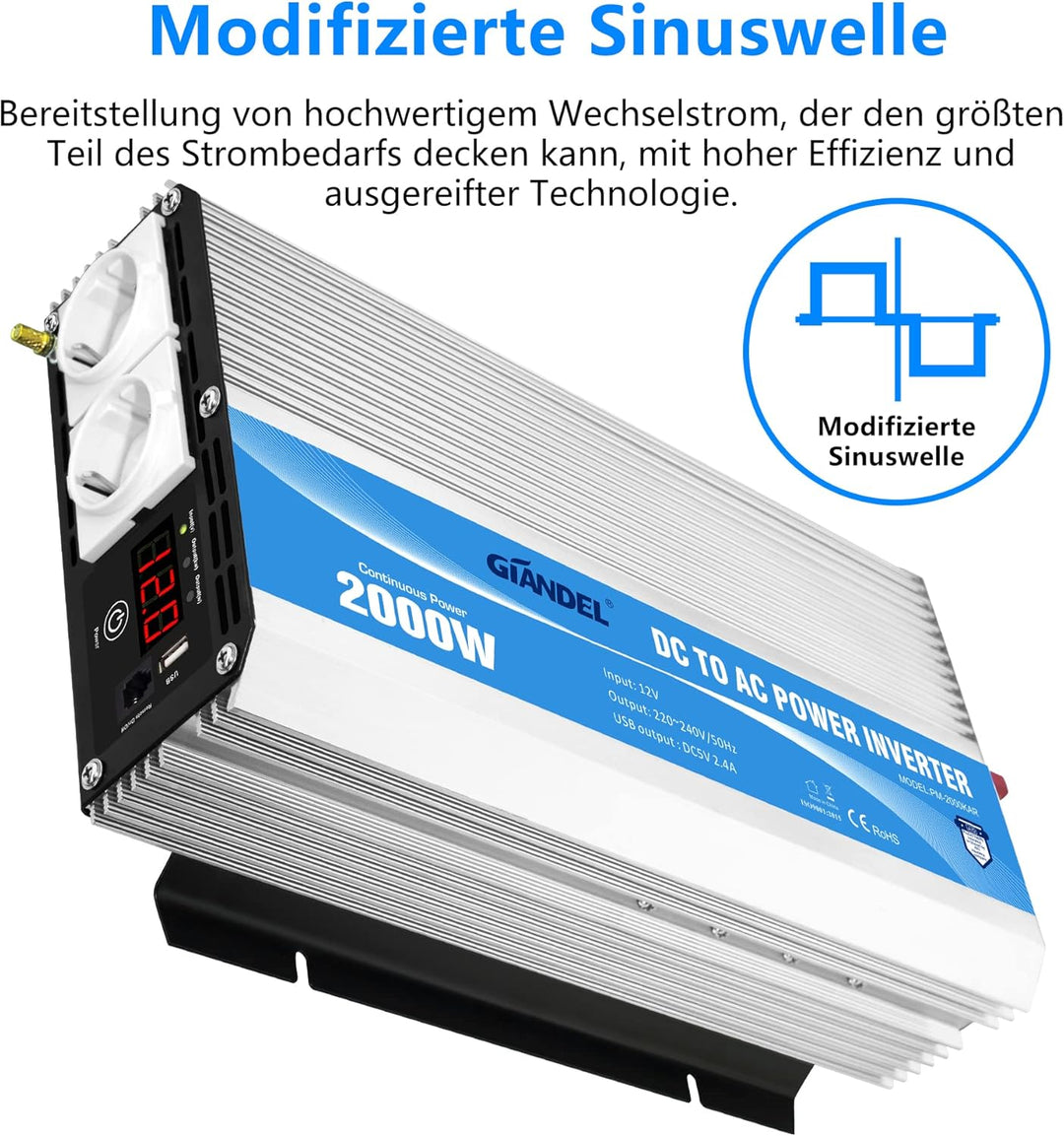 GIANDEL 2000W Modifizierter Welle Wechselrichter 12V auf 230V Spannungswandler Kompatibel Lithium-Ba