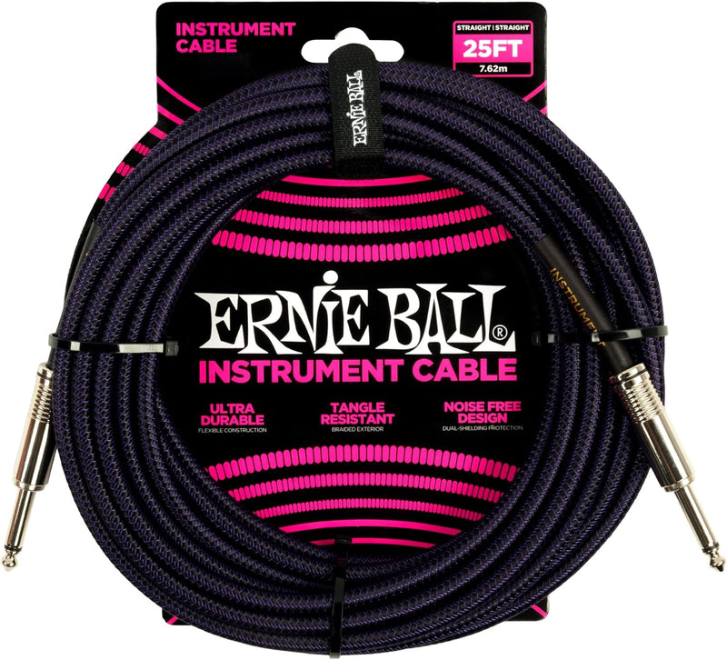 Ernie Ball Geflochtenes Instrumentenkabel gerade/gerade 7,62 m (25 ft) -Lila/ Schwarz Lila/schwarz 7