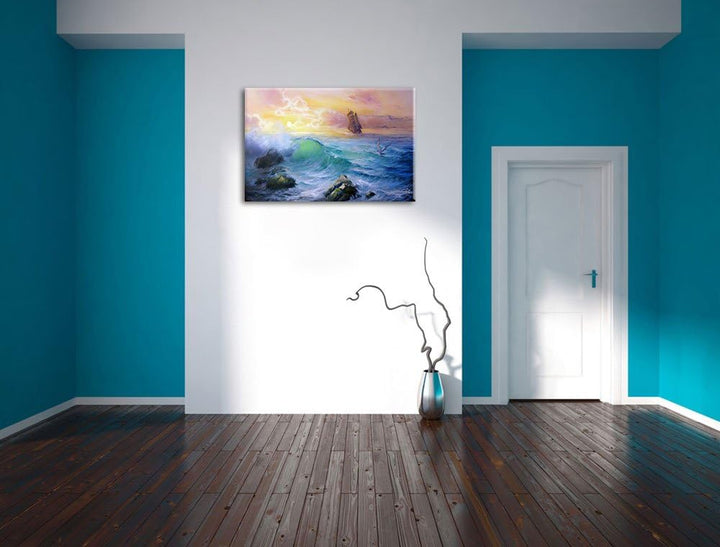 Sturm überm Meer Kunst Format: 100x70 auf Leinwand, XXL riesige Bilder fertig gerahmt mit Keilrahmen