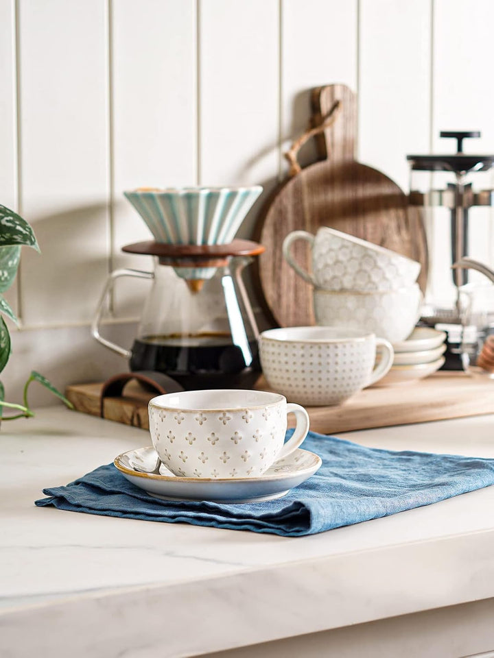LE TAUCI Cappuccino-Tassen mit Untertassen, Einweihungsgeschenk, Keramikprägung, Kaffeetasse für Au