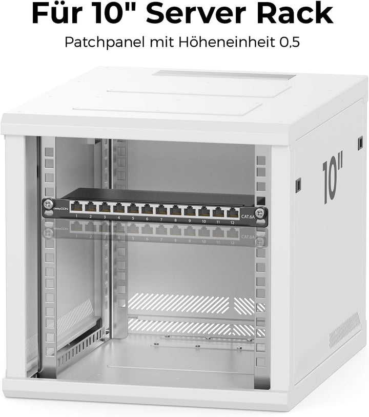 deleyCON CAT 6a 0,5 HE Patchpanel Mini Verteilerfeld 12 Port - Desktop 10" Zoll Rackeinbau Servermon
