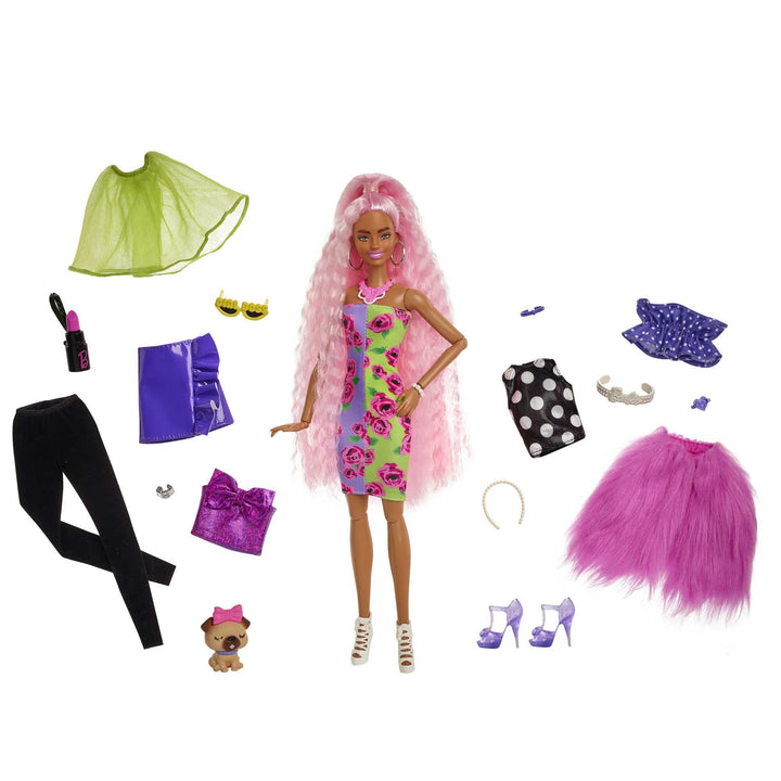Barbie HGR60 - Extra Deluxe Puppe (rosa Haare) mit Haustier, Mix &amp; Match Kleidung und Zubehör für üb