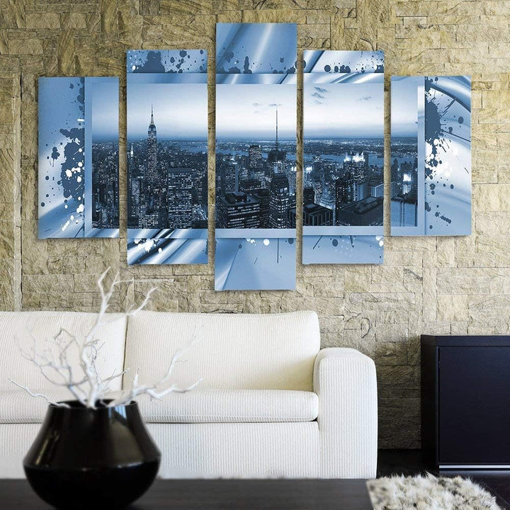 Feeby Frames, Leinwandbild Bilder Wand Bild - 5 Teile - Wandbilder Kunstdruck (New York City, BLAU)