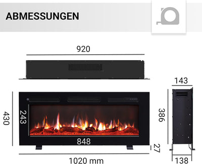 BALDERIA Leif 40" Elektrokamin - Elektrischer Stand-, Wand- oder Einbaukamin mit Heizung 1000/2000 W