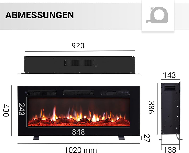 BALDERIA Leif 40" Elektrokamin - Elektrischer Stand-, Wand- oder Einbaukamin mit Heizung 1000/2000 W