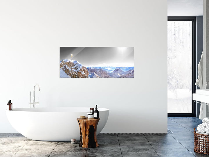 Glasbild Panorama | Wandbild aus Echtglas | Zugspitze im Sonnenlicht | 100x40 cm | inkl. Aufhängung