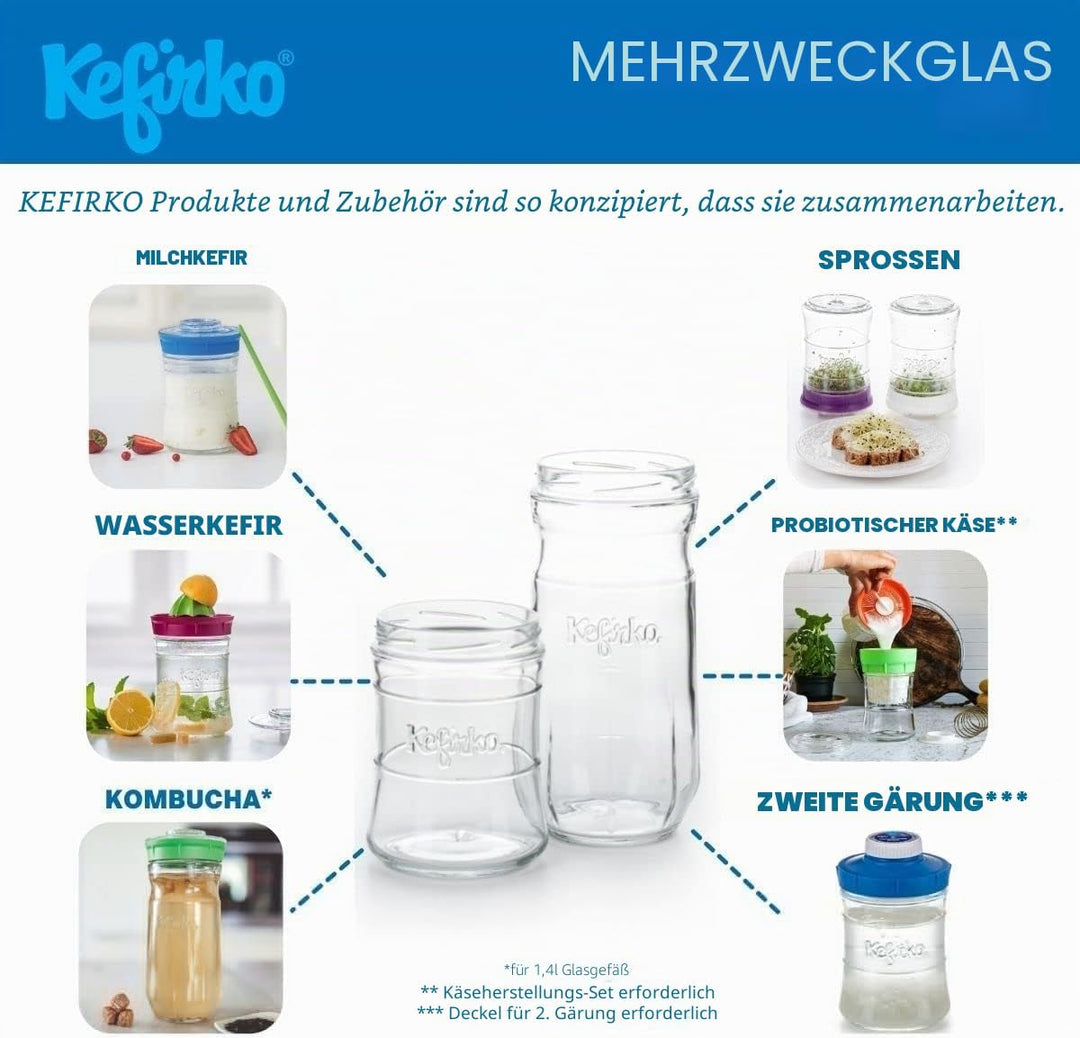 Kefirko Fermentations Set | Milch- und Wasserkefir selber herstellen | auch als Sprossenglas verwend