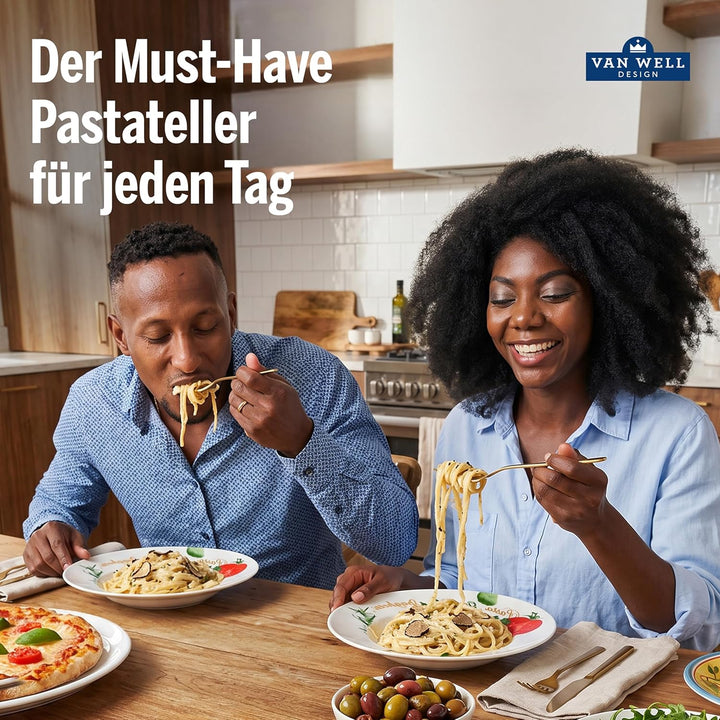 Van Well 6er Pasta-Teller-Set Milano mit Aufdruck I Ø 27 cm Porzellan-Teller I tiefe Nudelteller I S