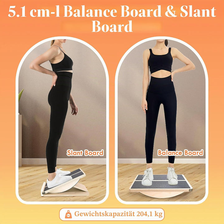 Professionelles 2-in-1 Holz Schrägbrett & Balance Board Verstellbares Neigungsbrett und Wadendehner,