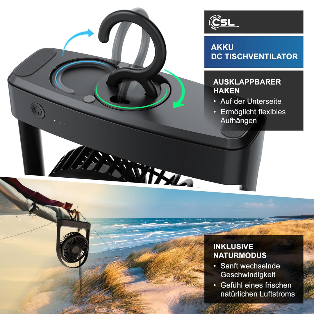 CSL - Akku Tischventilator – Mini Ventilator USB – DC Motor Brushless silent sehr leise – 4000 mAh L