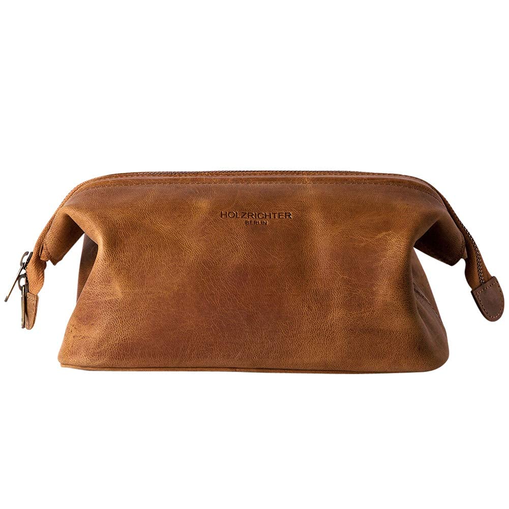 HOLZRICHTER Berlin handgefertigter Leder Kulturbeutel (M). Grosse, hochwertige Kulturtasche aus Lede
