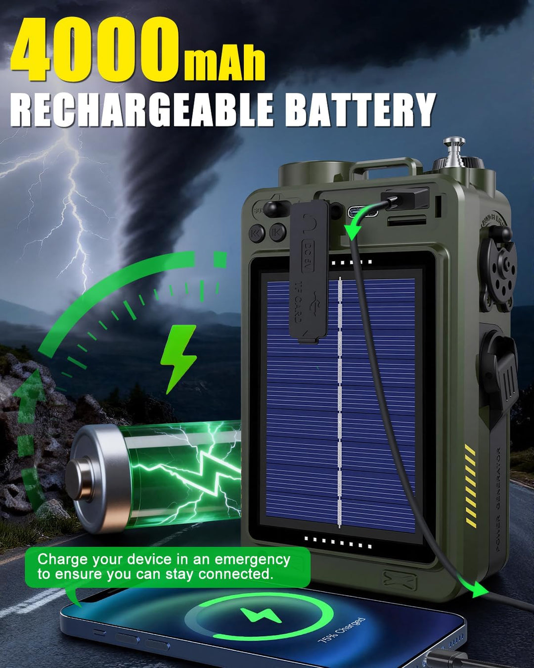 NOAA Wetterradio – 4000 mAh AM/FM/WB/SW Notfall-Radio mit Bluetooth, Taschenlampe, SOS-Alarm, Stromv