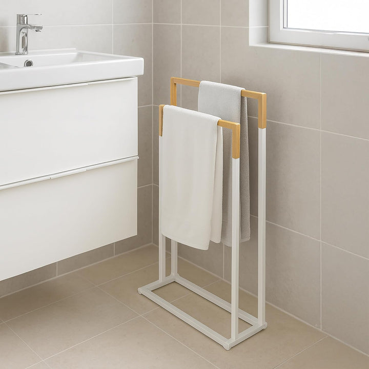 Relaxdays Handtuchständer, HxBxT: 86 x 44 x 21 cm, Metall, Bambus, 2 Stangen, stehender Handtuchhalt