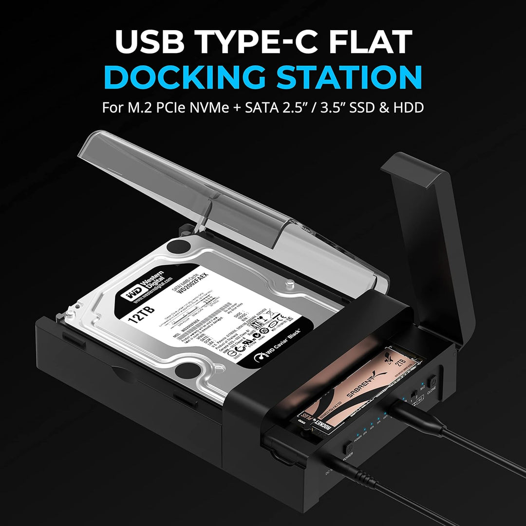 SABRENT USB Type-C Lay Flat Docking Station für M.2 PCIe NVMe + SATA 2,5 Zoll / 3,5 Zoll SSD & HDD m