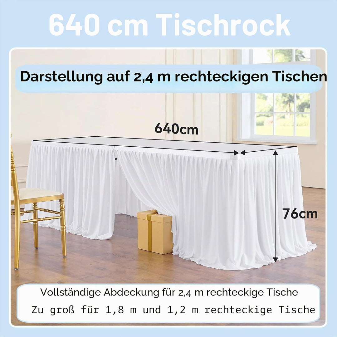 640cm White Polyester Table Skirts for Rectangle Tables, Wrinkle Free Ruffle Pleats Cloth Tutu Table