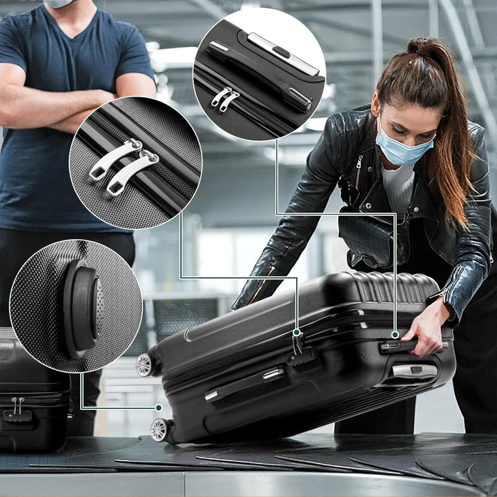 LEADZM 3er Kofferset Rollkoffer Hartschalen Reisekoffer Trolley Set Handgepäck 4 Rollen (Schwarz)