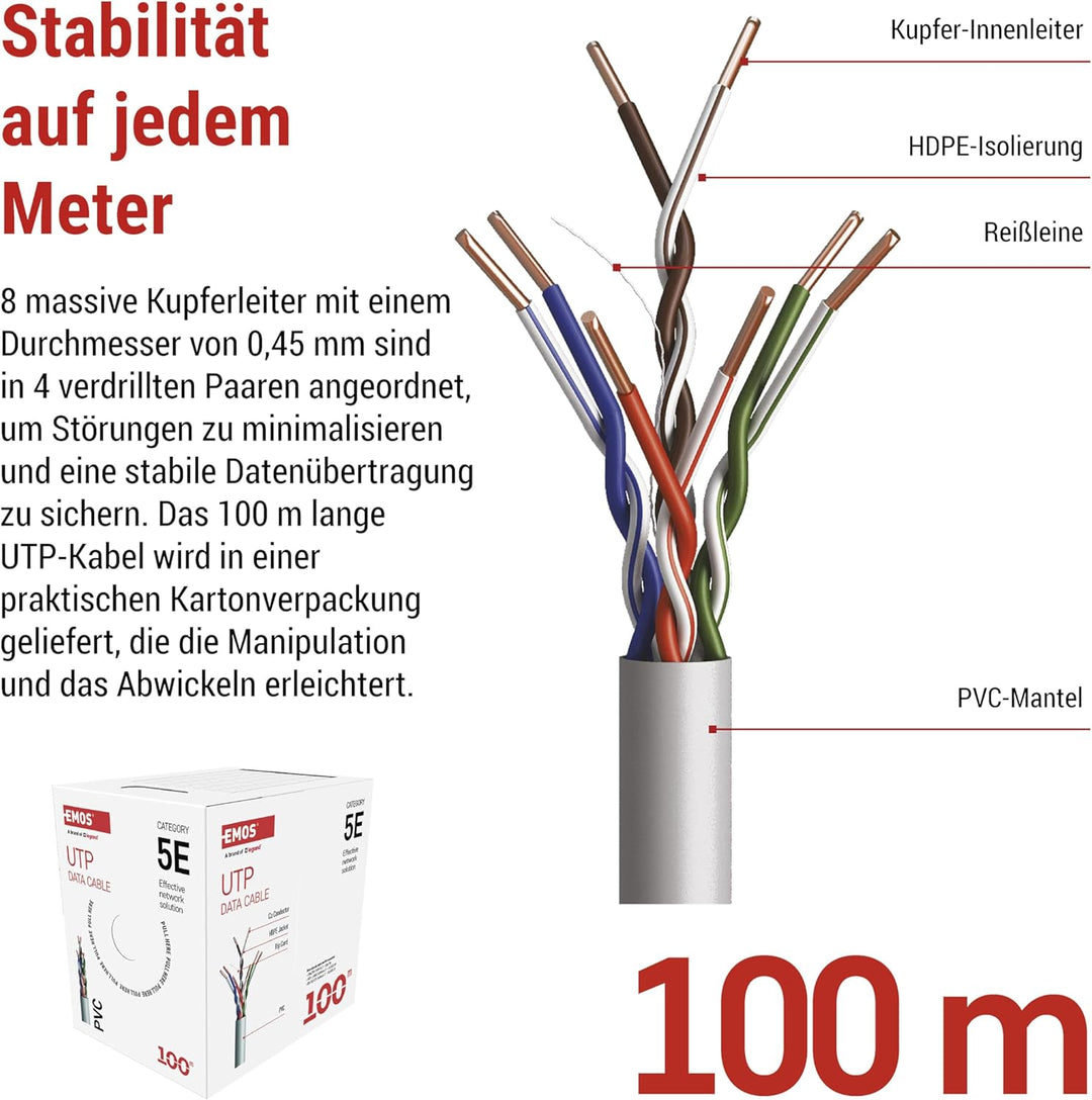 EMOS - UTP Netzwerkkabel CAT 5e, 100m, PVC - CAT5e-Patchkabel UTP - Cu-Draht- Gigabit LAN Kabel - un
