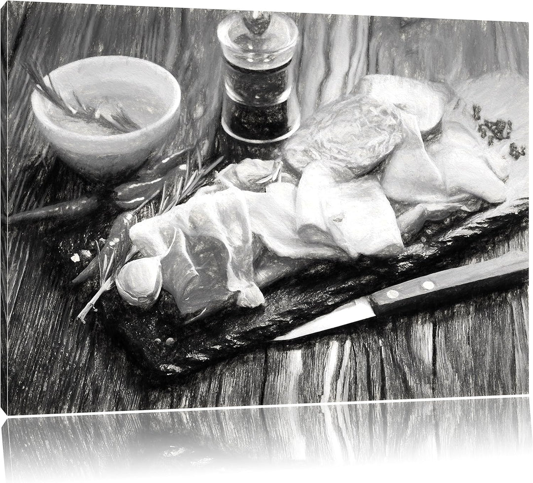 Pixxprint Antipasti verschiedener Wurstsorten Kunst Kohle Effekt, Format: 100x70 auf Leinwand, XXL r