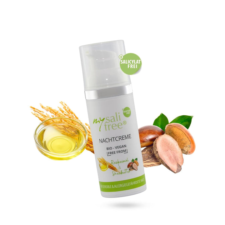 mysalifree BIO NACHTCREME, reichhaltige Feuchtigkeitspflege für sensible Haut mit Reiskeimöl und She