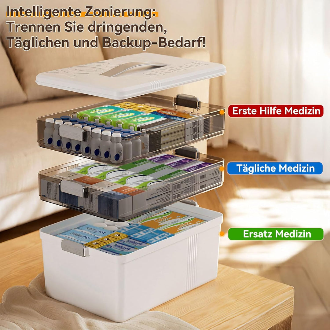 3-stöckige Medikamenten Aufbewahrung Grosse Kapazität Medikamenten Organizer mit Griff, Kunststoff H