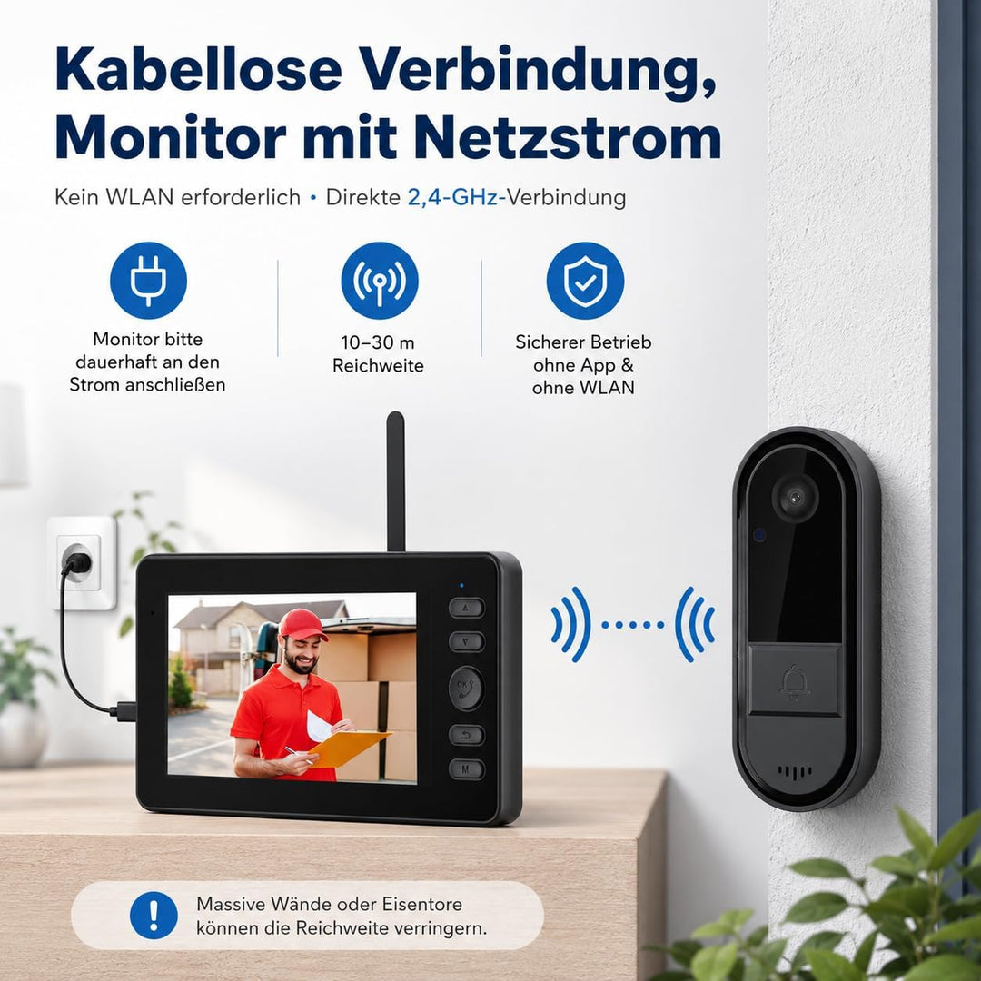 Funkklingel mit Kamera, Kabellose Video Türklingel mit 4,3" IPS Monitor, ohne WLAN & App, Türsprecha