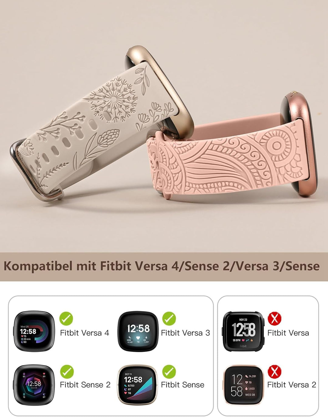 TOYOUTHS 2 Stück Floral Gravierte Armband kompatibel mit Fitbit Versa 4/Versa 3/Sense 2/Sense Armban