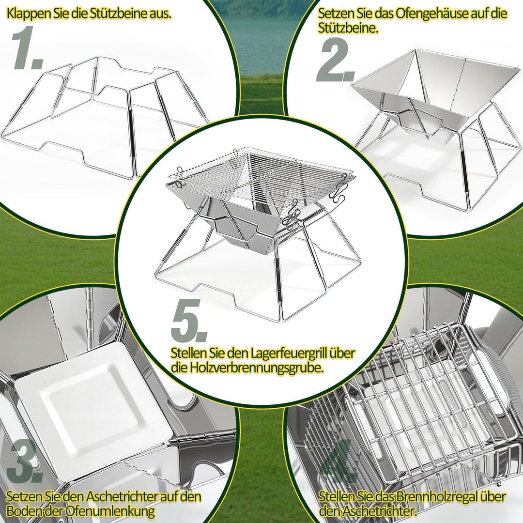 Faltbarer Grill aus 304 Edelstahl, Klappgrill mit Höhenverstellbarem Grillrost, Camping Grill kompak