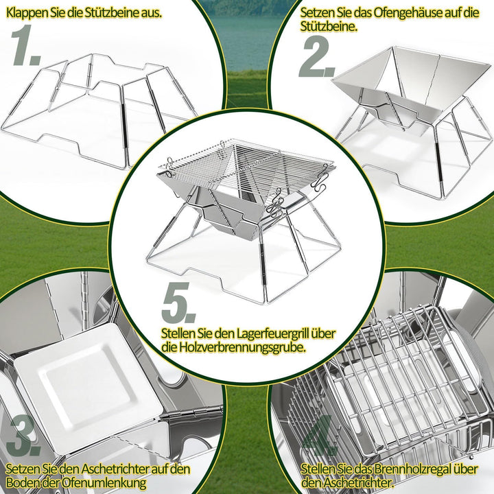 Faltbarer Grill aus 304 Edelstahl, Klappgrill mit Höhenverstellbarem Grillrost, Camping Grill kompak