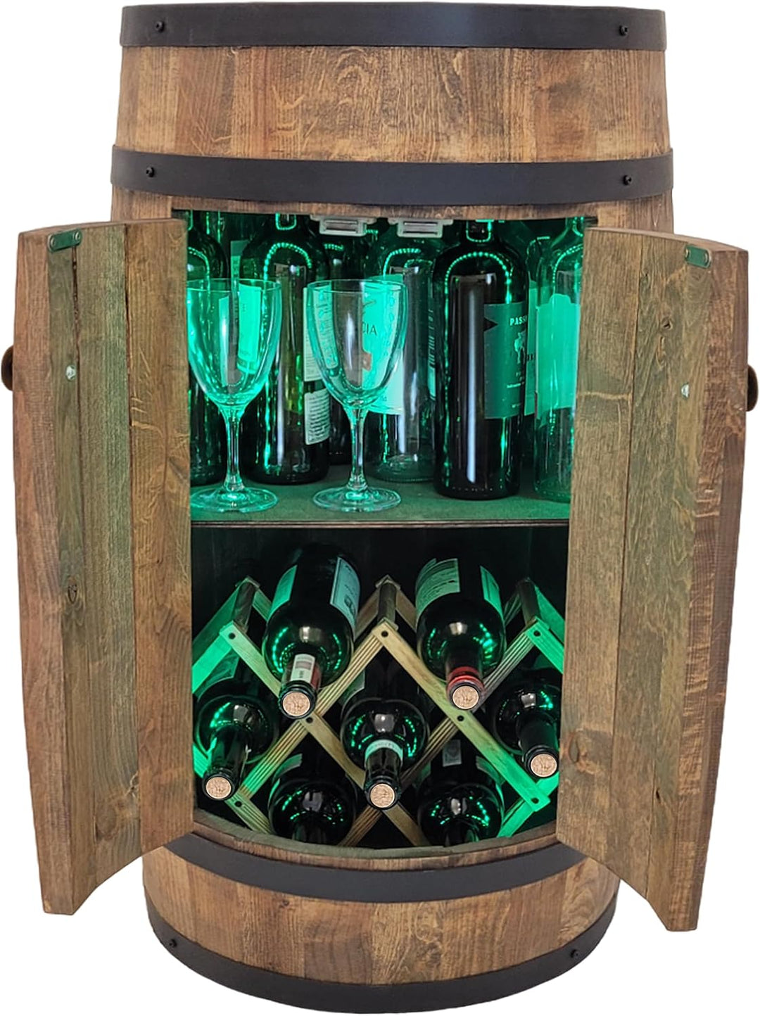 Fassbar mit Tür und Weinhalter RGB-LED-Beleuchtung - Weinregal. Hausbar Weinrack 80 cm. Rustikaler d