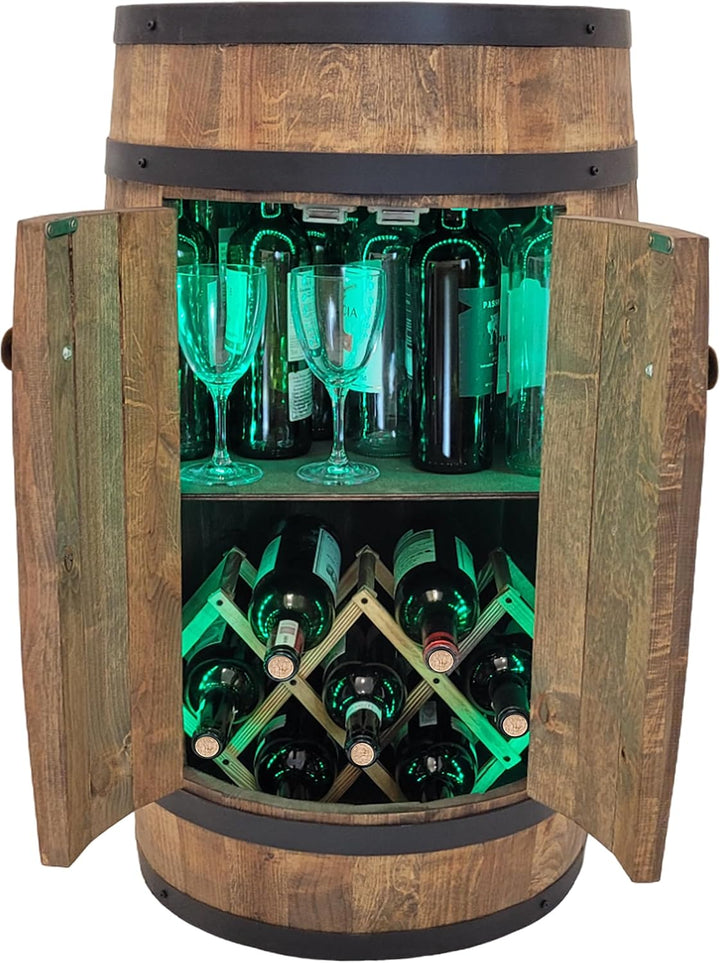 Fassbar mit Tür und Weinhalter RGB-LED-Beleuchtung - Weinregal. Hausbar Weinrack 80 cm. Rustikaler d