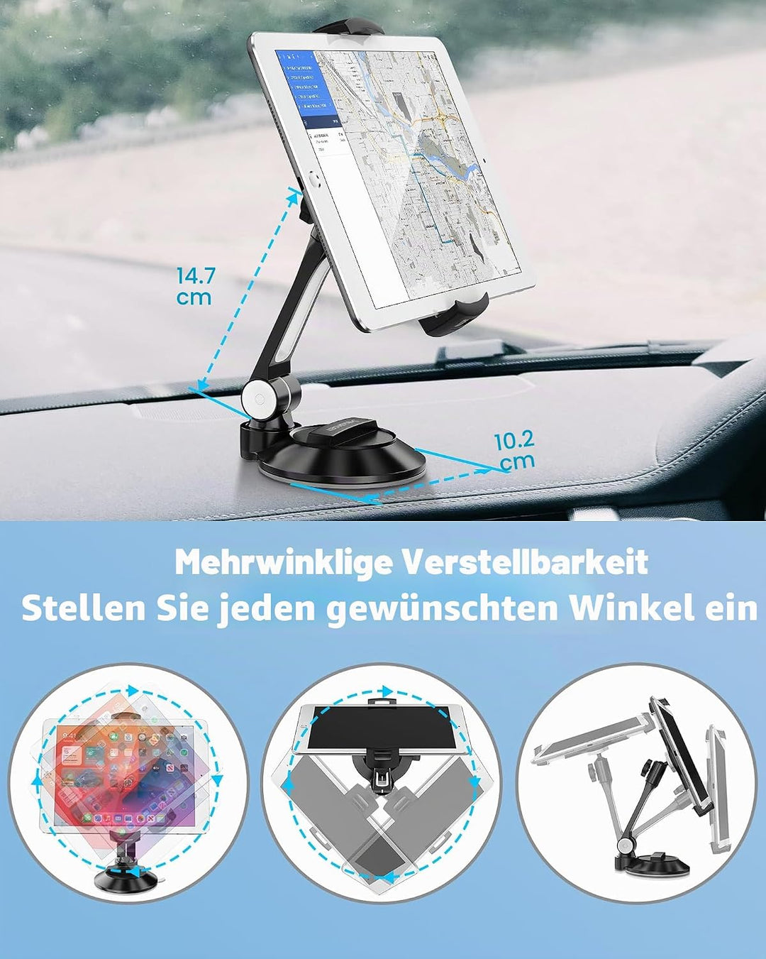 AboveTEK Tablet & Handy Ständer mit Saugnapf – Faltbare 360° Halterung Auto für iPad/Smartphones (4–