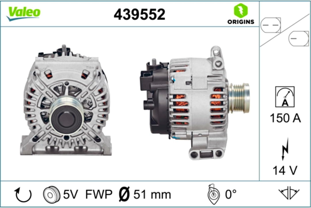 VALEO 439552 Generator Ladestrom des Generators: 150 Amp Rippen: 5 rippen Riemenscheibe Ø: 51 mm Spa