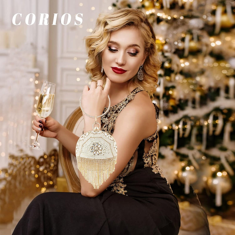 CORIOS Clutch-Geldbörsen für Damen Runde Kugel Quaste Abendtasche Diamant Schultertasche Abnehmbarer