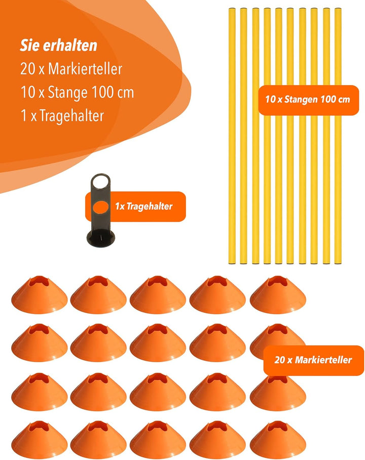 Cavaletti Mini-Hürden 10er Set – Mulden Orange & Stangen Gelb – sichere Trainingshürden für Hunde –
