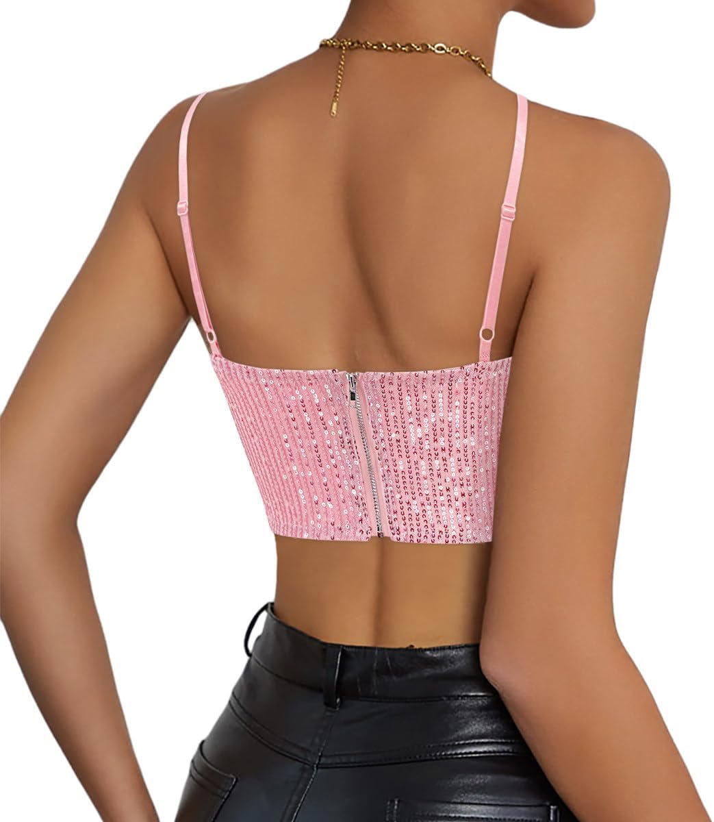Naimo Damen Glitzer Pailletten Crop Top Ärmellos V-Ausschnitt Tank Tops Weste Sparkle Camisole Bluse