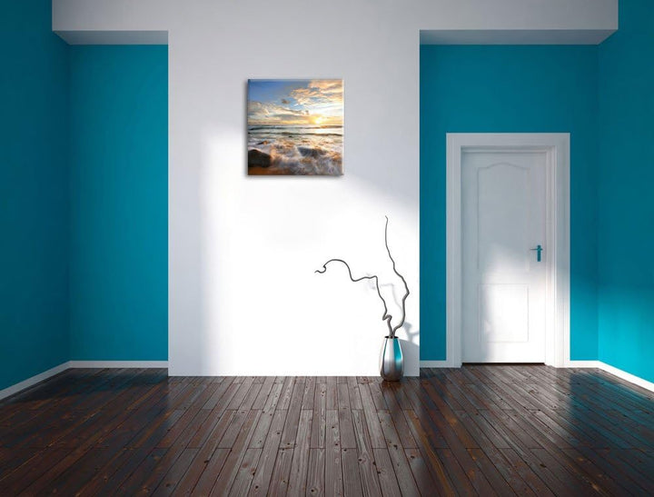 Sonnenuntergang am Meer, Format: 70x70 auf Leinwand, XXL riesige Bilder fertig gerahmt mit Keilrahme