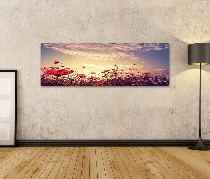 islandburner Bild auf Leinwand Landschaft Natur Schöne Rosa Roten Kosmos Blumenfeld Mit Sonnenschein