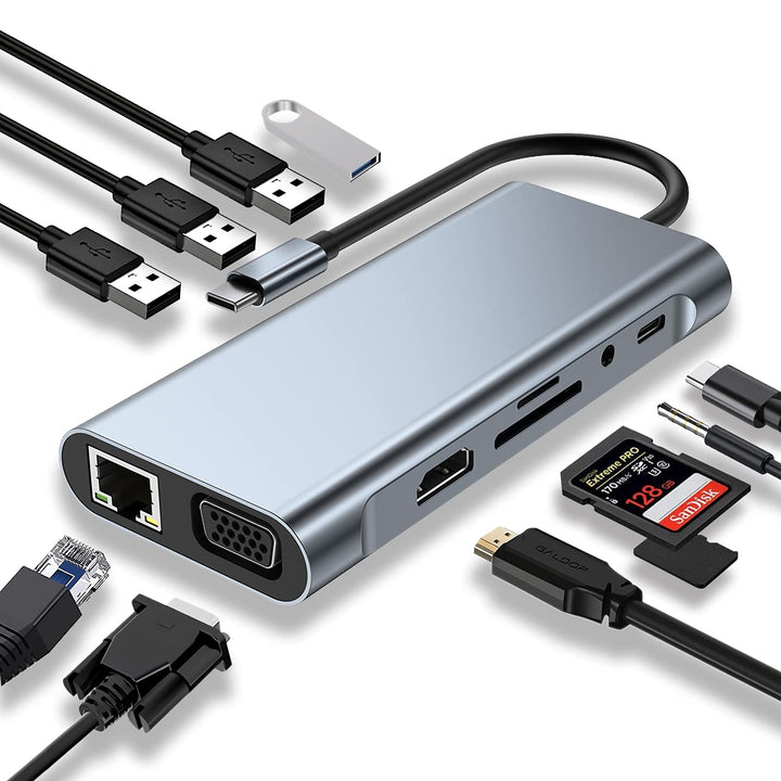 USB C HUB, Docking Station, 11-in-1 USB C Adapter mit 4K-HDMI, VGA, USB 3.0 Port, Type C PD, Etherne