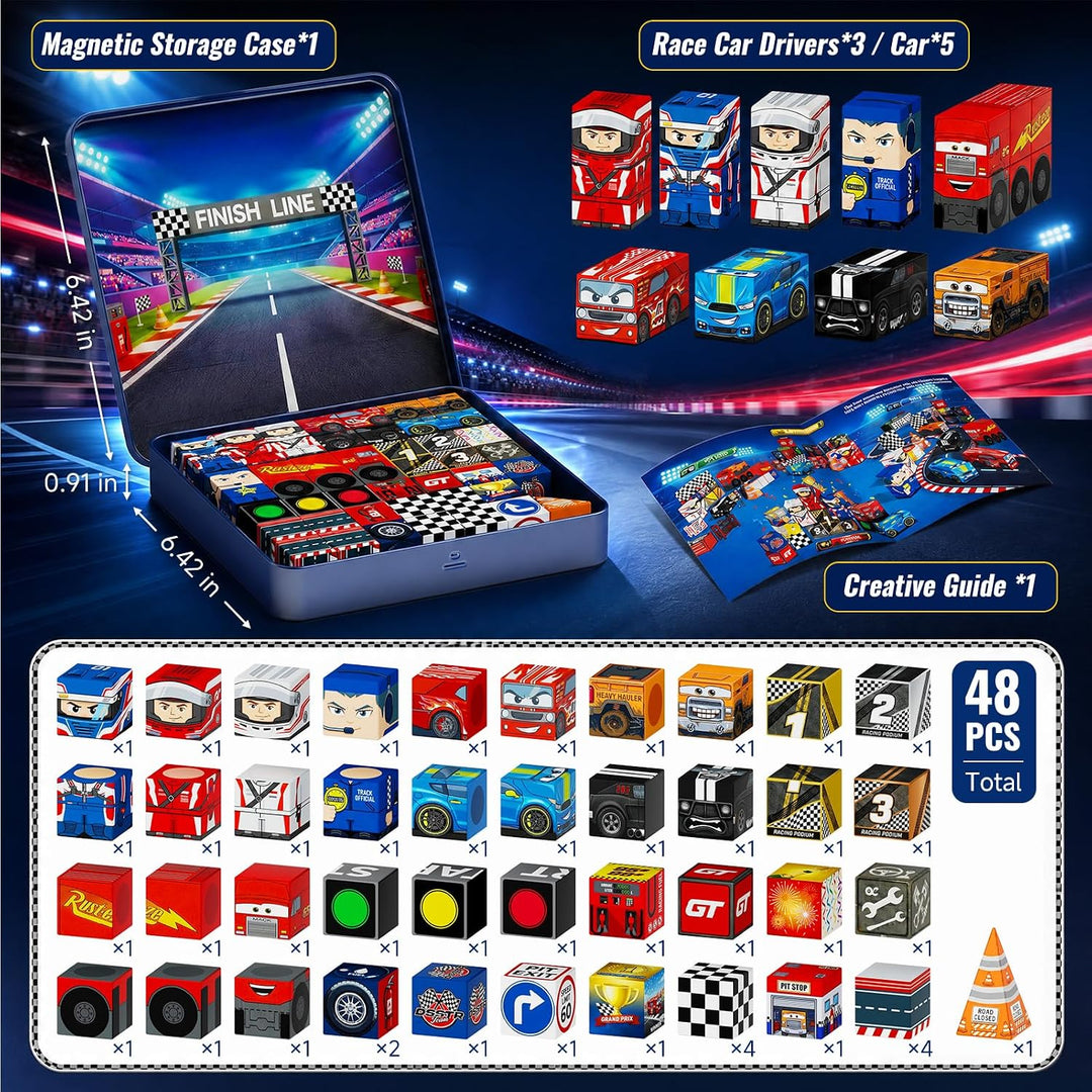 Magnetbausteine Jungen Reise: 48pcs Rennsport-Set in Reise Metalldose – N32 Starke Magnete für siche