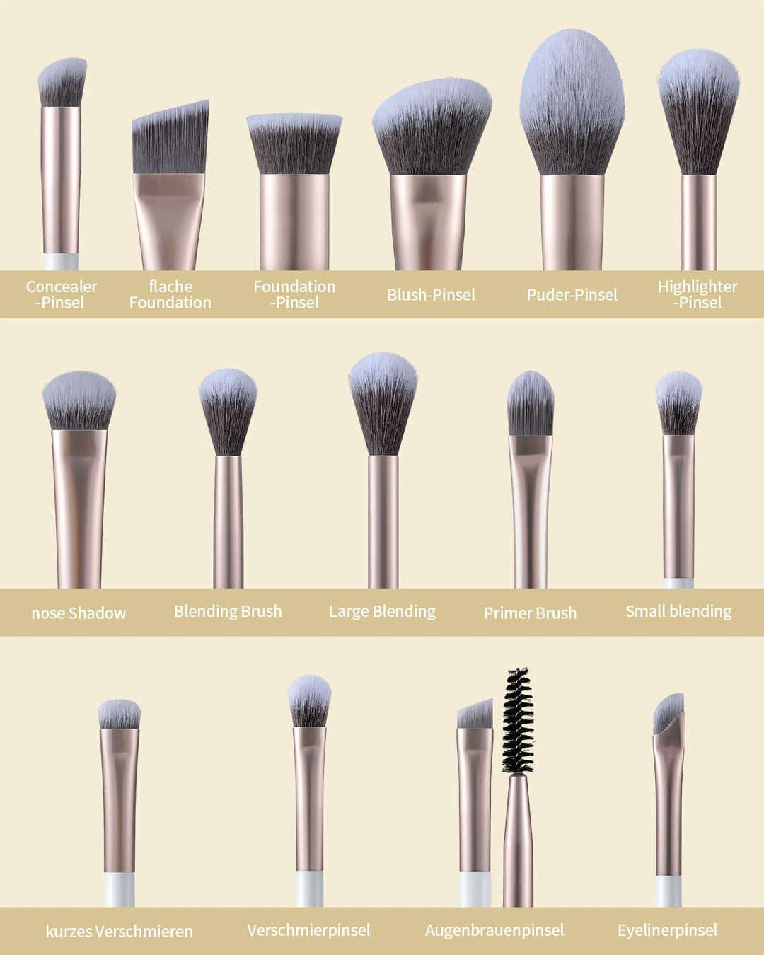 EIGSHOW Make-up Pinselset,15-teilig MUA PRO Serie Profi Pinsel mit Silberionen-Borsten für Foundatio