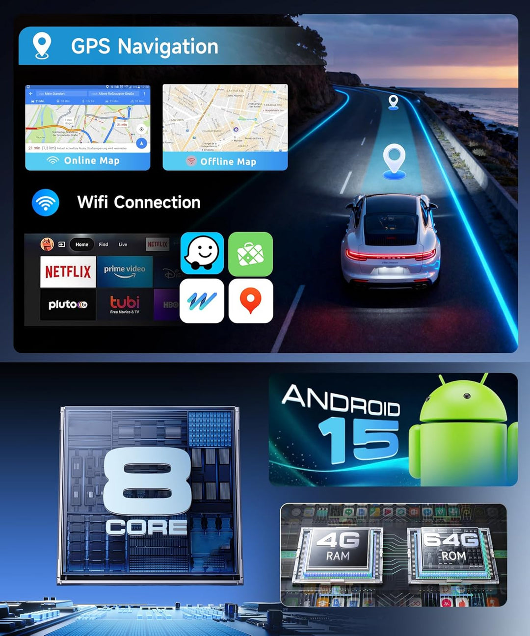 8 Kern 4G+64G Autoradio Android 15 für Suzuki SX4 2006-2013 Fiat Sedici 2005-2014, 9 Zoll 1280*720P